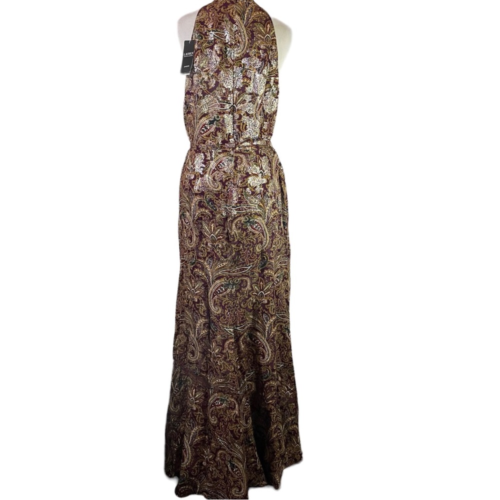 Black label LRL halter paisley metallic jacquard gown with belt women size 12 - Picture 13 of 15